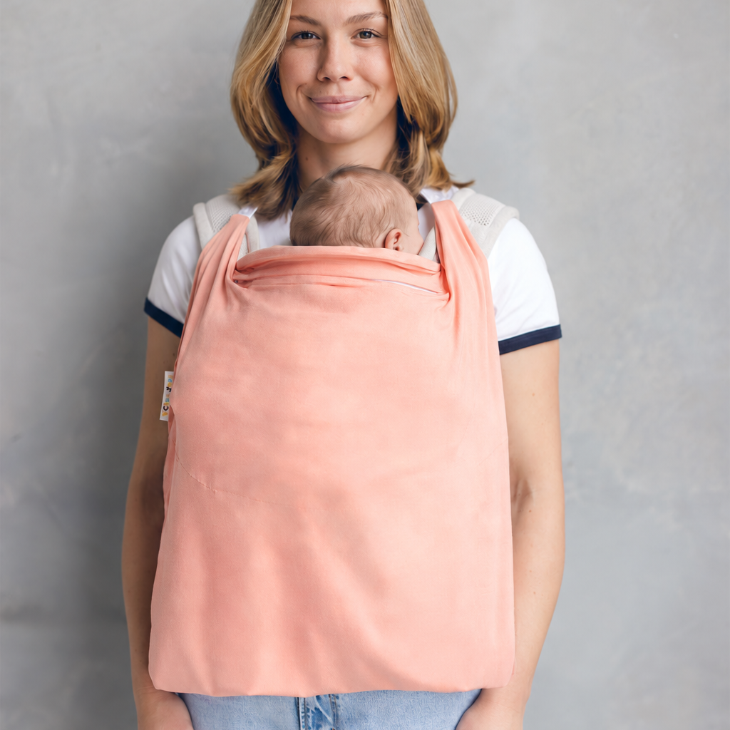 Mum babywearing with Desert Ochre Shady Baby UPF50+ carrier sun cover
